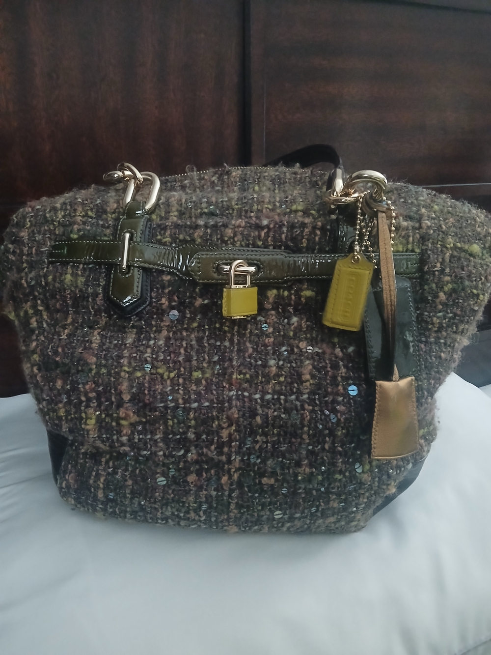 Coach Tweed Tote Bag with Olive Leather Trim and Gold Hardware